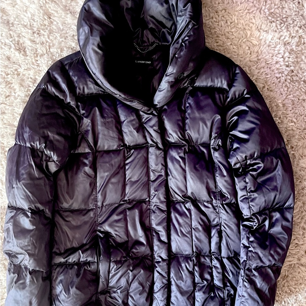 Women’s Lands End down-filled coat. Dark gray, size medium.